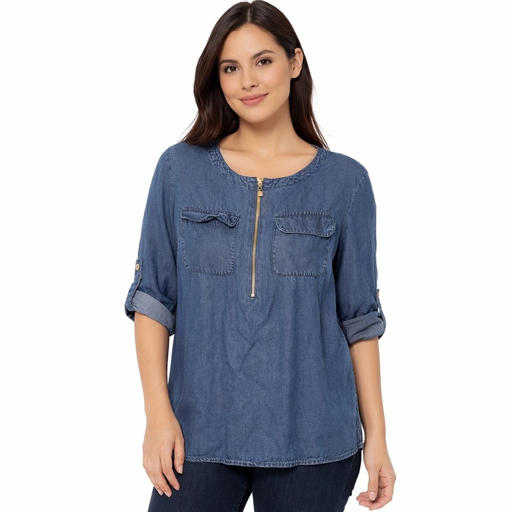 Ellen Tracy Tencel Chambray Zip Front Roll Tab Sleeve Blouse Small